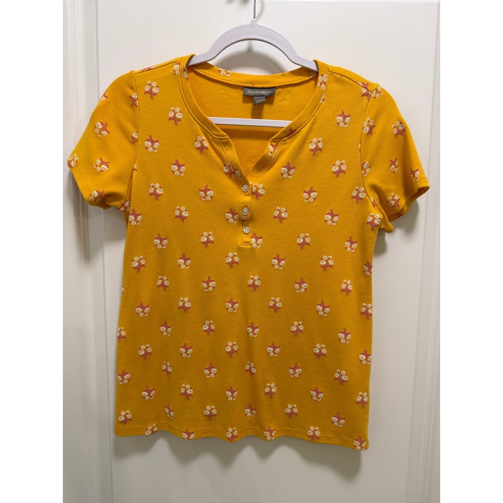 Style & Co Mustard Yellow Floral Henley Short Sleeve Top Small